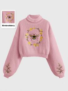 ROMWE Fairycore 大码花卉刺绣装饰休闲长袖高领毛衣，适合冬季