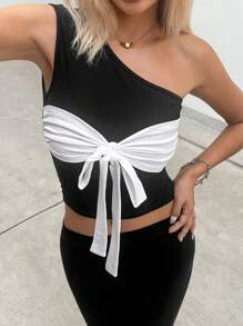INAWLY Women's Fashionable Daily Casual Contrast Color Front Tie Strap Slim Fit Top, Summer - Black - View 4