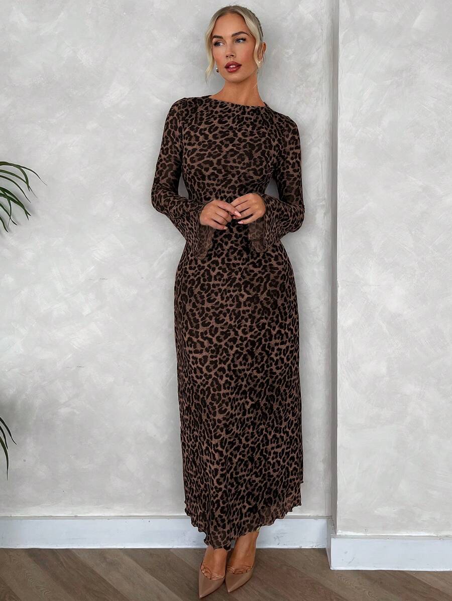 Firerie Women's Elegant Sexy Resort Casual Minimalist Party Leopard Print Mesh Flare Sleeve A-Line Long Dress, Suitable For Summer & Autumn