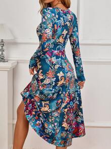 SHEIN Clasi 女士圆领长袖全印花简约休闲长裙女装 - 藍色 - 查看 2