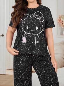 Rabbit Bow Decor Casual Sleepwear Set, Suitable For All Seasons, Plus Size