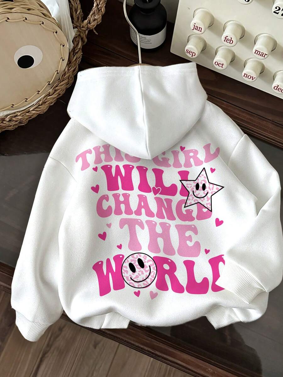 SHEIN Leap Crew Sudadera con capucha de manga larga informal y gruesa con estampado de corazón con cara sonriente de leopardo rosa, adecuada para otoño/invierno, parte trasera de la ropa, para niñas preadolescentes - Blanco - Ver 1