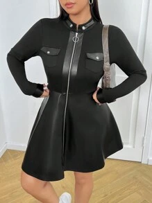 SHEIN EZwear Đầm mini đơn giản tay dài có khóa kéo phía trước cho nữ cỡ lớn - màu đen - Xem 3