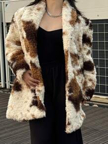 Calvaya Plus Size Fluffy Long Sleeve Mid-Length Coat With Sheep Pattern - Multicolor - View 3