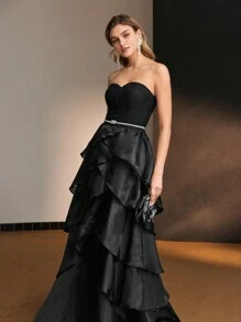MOTF PREMIUM ORGANZA LACE BODICE LAYERED RUFFLE HEM TUBE COCKTAIL DRESS WITHOUT BELT AND ARM SLEEVES - Black - View 5