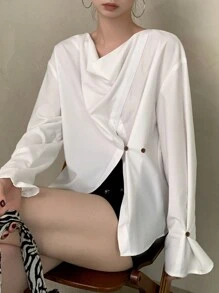 DAZY 1 pieza Blusa de mujer con cuello drapeado asimétrico y manga larga, con volantes - Blanco - Ver 1