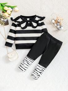 Bộ 2 áo thun cổ sọc thường ngày cho bé gái mới biết đi và quần dài, phù hợp cho mùa thu/đông - Đen và trắng - Xem 1