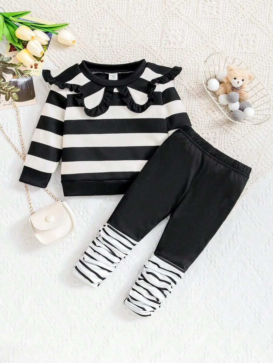 Bộ 2 áo thun cổ sọc thường ngày cho bé gái mới biết đi và quần dài, phù hợp cho mùa thu/đông - Đen và trắng - Xem 1