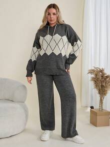 SHEIN Cottnline PLUS SIZE ARGYLE PATTERN COLORBLOCK DROP SHOULDER OVERSIZE SWEATER & KNIT PANTS SET - Multicolor - View 5
