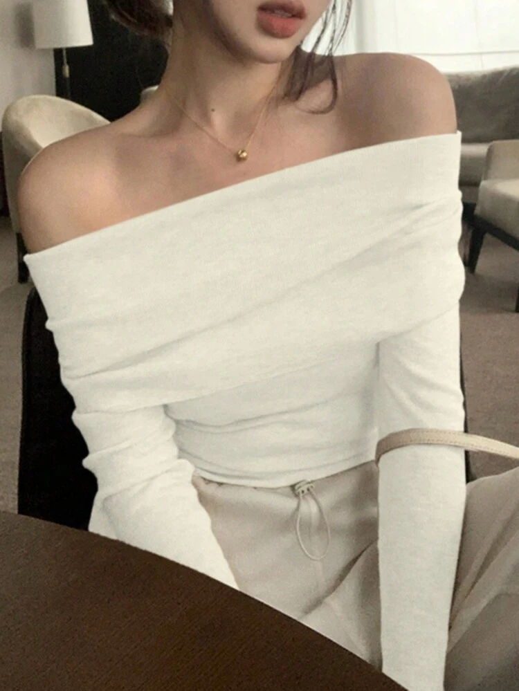 Women Solid Color Off Shoulder Long Sleeve Slim Fit Sweater, White, Suitable For Autumn & Spring,Back To School Clothes,Fall Women Clothes