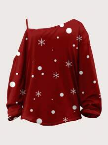 SHEIN LUNE Áo thun hở vai in hình mèo Giáng sinh cỡ lớn, quần áo mùa xuân/thu - Nhiều màu - Xem 3