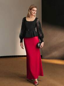 MOTF Soiréza SEQUIN EMBROIDERY SHEER MESH LANTERN SLEEVE SCOOP NECK BUCKLE BELTED PEPLUM TOP - Black - View 8