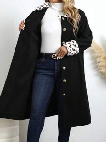 SHEIN LUNE 大码秋冬休闲拼布豹纹单排扣大衣 - 黑色 - 查看 5