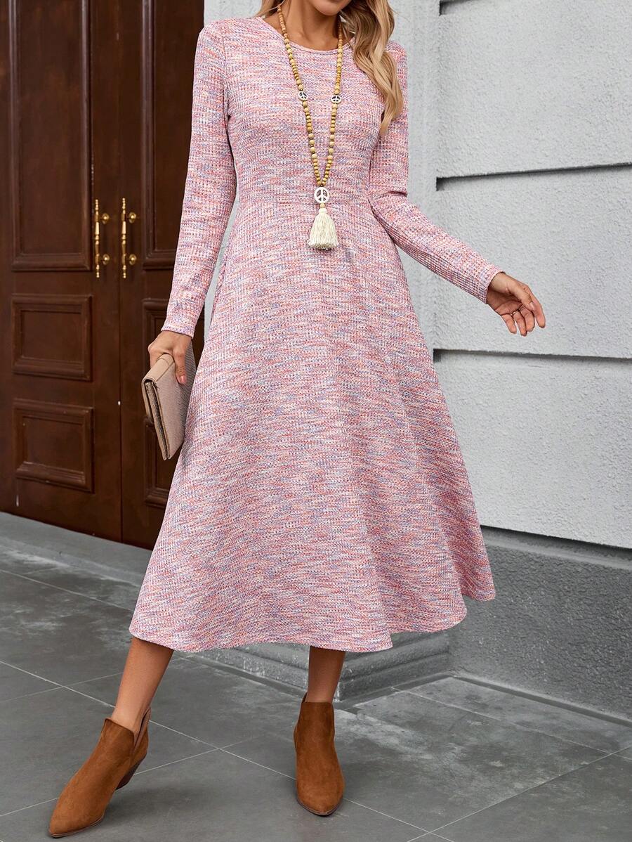 EMERY ROSE 女式秋季扎染印花圆领长袖中长连衣裙 - 粉色 - 查看 1