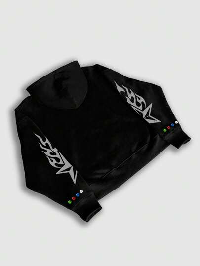 Street Life Men Casual Street Stylish Letter, Star & Flame Print Zip-Up Hooded Sweatshirt, Thermal Lined