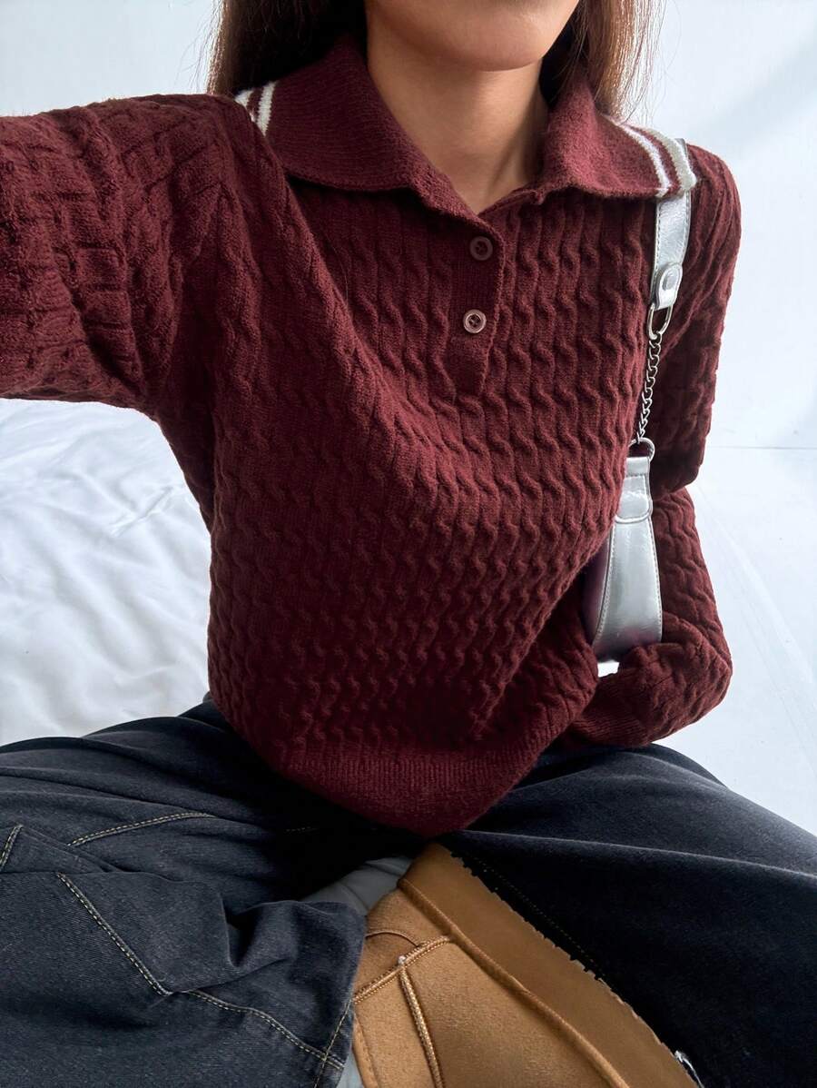 SHEIN Unity Áo len nữ dáng rộng, cổ polo, họa tiết hoa, kiểu dáng thường ngày, thích hợp cho mùa thu đông. - Nhiều màu - Xem 1