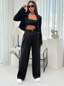 RueChic 女士纯色纸袋阔腿裤（配腰带）