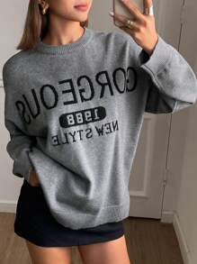 DAZY Suéter de cuello redondo de manga larga con letra y número, de tejido jacquard y corte holgado, grueso, para mujer, ropa de mujer para otoño