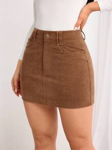Women's Solid Color Front Button Pocket Minimalist A-Line Skirt, Casual Daily Wear - Coffee Brown - View 4