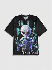 ROMWE Street Life Casual Street Stylish Alien Cyber Digital Print Short Sleeve T-Shirt