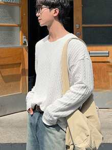DAZY 男士纯色圆领长袖休闲宽松T恤，秋季 - 白色 - 查看 3