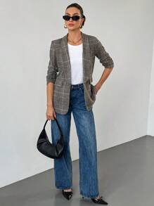 SHEIN Essnce 女士披肩领长袖口袋格子简约休闲西装外套 - 彩色 - 查看 5