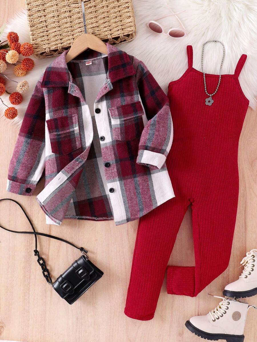 SHEIN 2pcs/Set Young Girl Vintage Plaid Shacket And Casual Minimalist Strap Jumpsuit Outfit, Spring & Autumn - Red - View 1