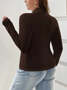 SHEIN Essnce Quần áo thu cỡ lớn, trang phục khoét rỗng cho nữ, trang phục lễ tạ ơn, thời trang thu mới, thường ngày, đi làm, thanh lịch, áo phông cổ cao, tay dài, áo phông trắng, áo dài tay, áo đi chơi - màu nâu - Xem 2