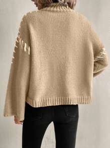 SHEIN LUNE Áo len nữ cổ cao, vai rớt, tay dài, dáng rộng, thích hợp mặc mùa thu/đông. - Màu be - Xem 2