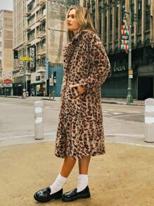 SHEIN EZwear Women's New Autumn And Winter Lapel Off-Shoulder Leopard Print Fleece Coat