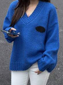 INAWLY 女士休闲宽松V领落肩毛衣，适合秋冬季针织套头衫 - 藍色 - 查看 5