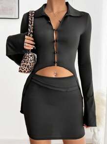 SHEIN ICON 2 件套女士夏季/秋季休闲喇叭袖短款上衣和裙子套装 - 黑色 - 查看 4