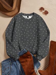 EMERY ROSE 大码女式休闲圆点图案圆领宽松长袖套头运动衫，秋冬 - 深灰色 - 查看 4