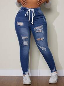 SHEIN SXY 大码前系带破洞休闲牛仔裤