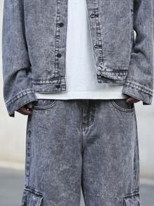 Manfinity EZcore Plus Size Men Casual Washed Jacket And Cargo Jeans 2 Pieces Set - Grey - View 6