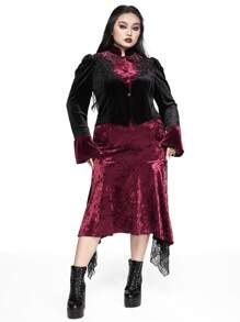 ROMWE Goth New Year Holiday Warm Thermal Velvet Lace Floral Splice Puff Sleeve Cardigan Jacket, Plus Size, For Winter - Black - View 4