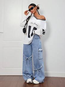 SHEIN PETITE Jeans rectos de pierna suelta y casual con lazo, jeans holgados con lazo, ropa de clima frío, pantalones de invierno para mujer, pantalones navideños, jeans de mujer, jeans holgados de talle bajo con lazo, jeans de mezclilla con lazo, jeans de carga para mujer, pantalones de mujer, pantalones de carga - Lavado ligero - Ver 4