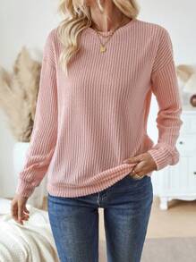 SHEIN LUNE 1 pièce Pull ras-du-cou femme de couleur unie à manches longues, style minimaliste, décontracté pour un port quotidien - Rose bonbon - Voir 5