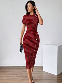 SHEIN Privé 1pc Women Elegant Houndstooth Print Fitted Dress - Red - View 6