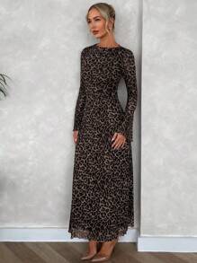 Firerie Damen elegantes, sexy Urlaubs-Lässig, minimalistisches Leopard Muster-Mesh-Kleid mit Glockenärmeln in A-Linie, für Sommer & Herbst