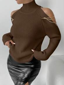 Chiquease Solid Color Turtleneck Hollow Out Long Sleeve Sweater - Coffee Brown - View 7