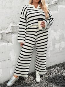 INAWLY 2pcs/Set Plus Size Striped Polo Collar Sweater Top & Pants Casual Knit Suit Fall Cloth For Women - Black and White - View 1