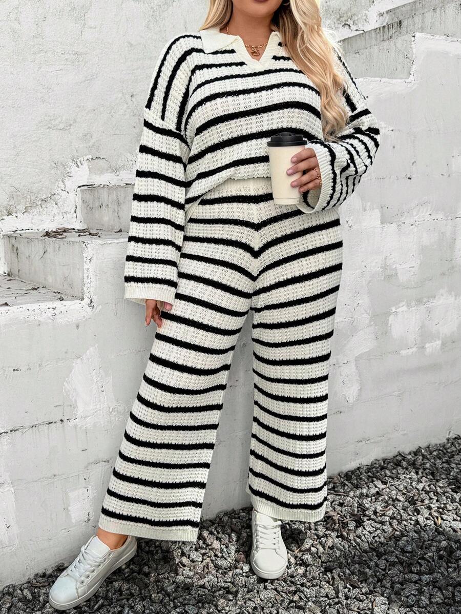 INAWLY 2pcs/Set Plus Size Striped Polo Collar Sweater Top & Pants Casual Knit Suit Fall Cloth For Women - Black and White - View 1