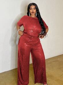 Slaydiva Plus Size Glitter Embellished Round Neck Short Sleeve Top And Pants 2 Pieces Set, For Early Autumn