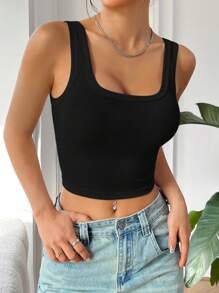 SHEIN EZwear 休闲百搭纯色修身短款背心 - 黑色 - 查看 5