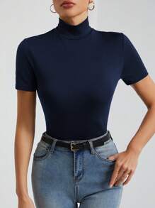 SHEIN Tall Women's Solid Color Basic Black Turtleneck Short-Sleeved T-Shirt - Navy Blue - View 6