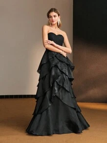 MOTF PREMIUM ORGANZA LACE BODICE LAYERED RUFFLE HEM TUBE COCKTAIL DRESS WITHOUT BELT AND ARM SLEEVES - Black - View 7
