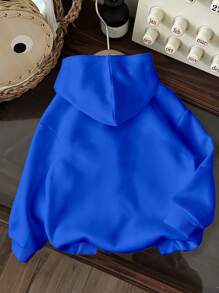 SHEIN Leap Crew Tween Girl Casual & Minimalist Style Loose Fit Thermal Lined Hooded Sweatshirt For Autumn/Winter - Blue - View 2