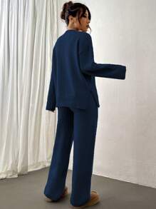 2pcs Women Solid Color Stand Collar Long Sleeve Sweater Top And Pants Casual Knit Set - Navy Blue - View 2