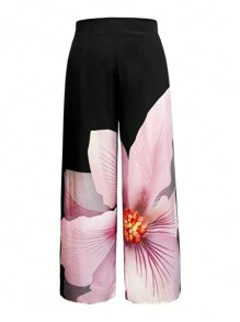 SHEIN Clasi 大码女式数码花卉印花宽松休闲裤 - 黑色 - 查看 1